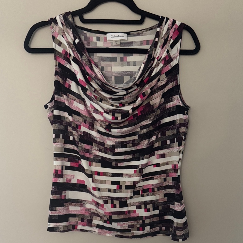 Calvin Klein Women's Striped drape neck Tank Top - Black, Pink, White medium